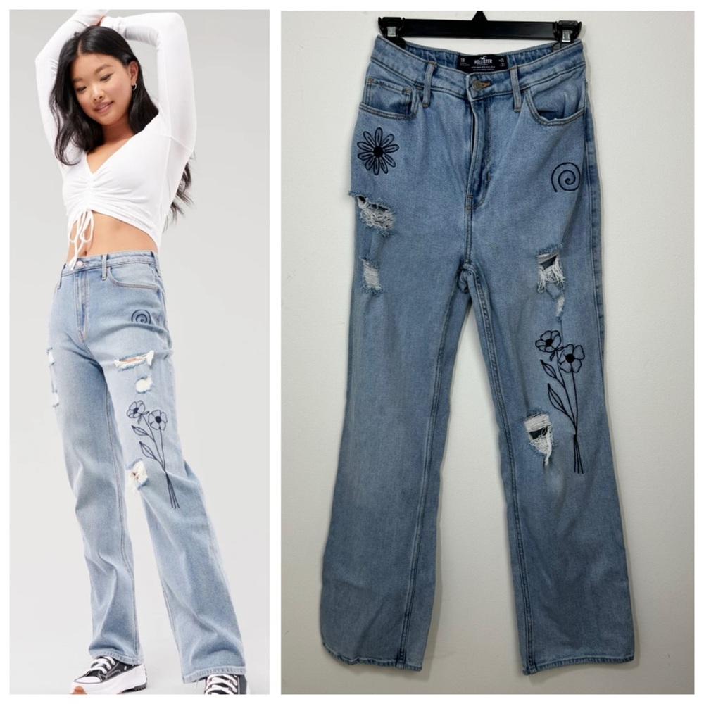 Hollister Ultra High-Rise Floral Embroidered Dad Jeans Size 1R waist 25